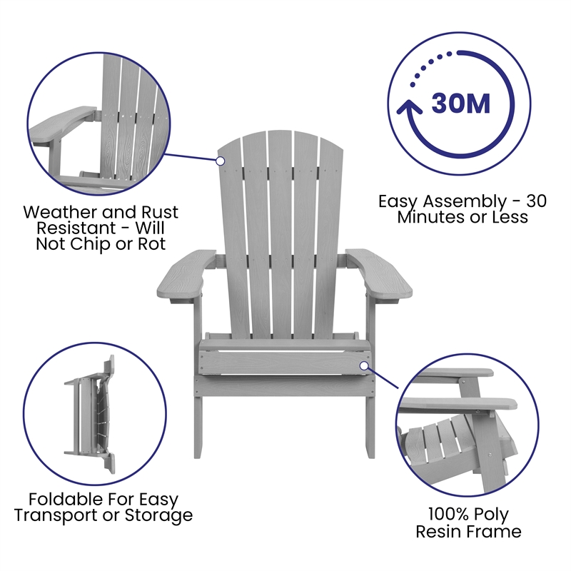 Pemberly Row Set of 2 Folding Adirondack Chairs with Side Table in Gray