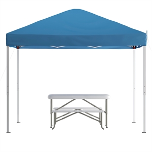 Pemberly Row 10' x 10' Blue Pop Up Canopy with Folding Table and Benches Set