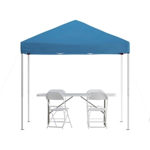 Pemberly Row 8' x 8' Blue Pop Up Canopy with Folding Table and 4 White Chairs