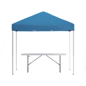 Pemberly Row 8' x 8' Blue Pop Up Canopy Tent and 6' Bi-Fold Table with Handle