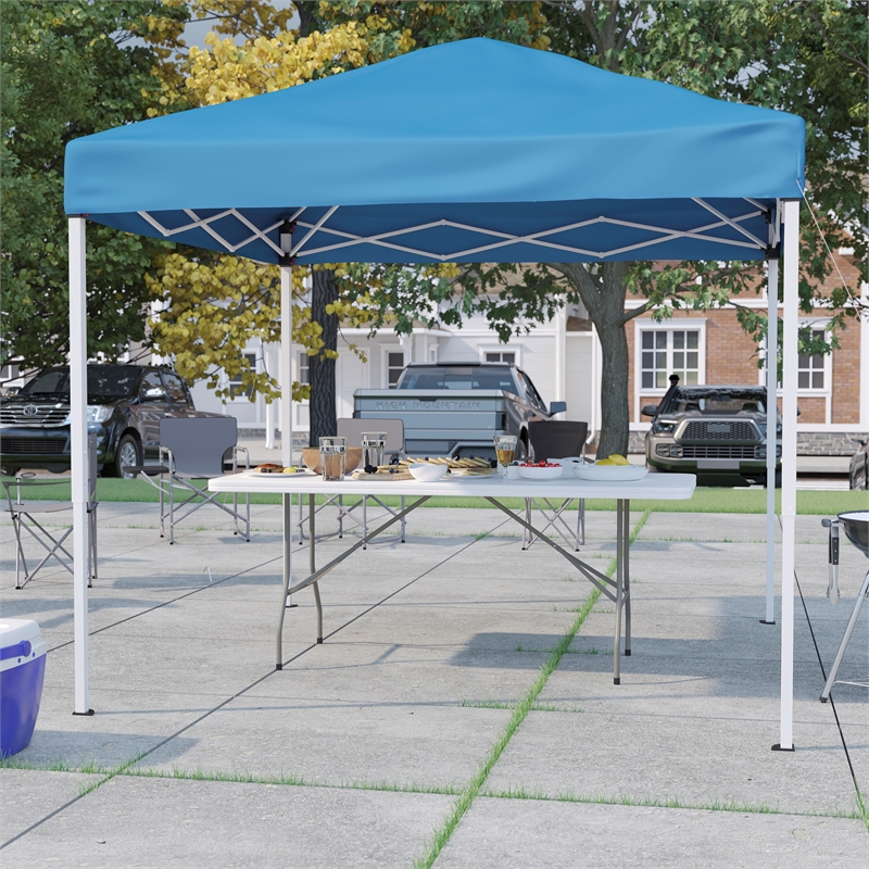 Pemberly Row 8' x 8' Blue Pop Up Canopy Tent and 6' Bi-Fold Table with Handle