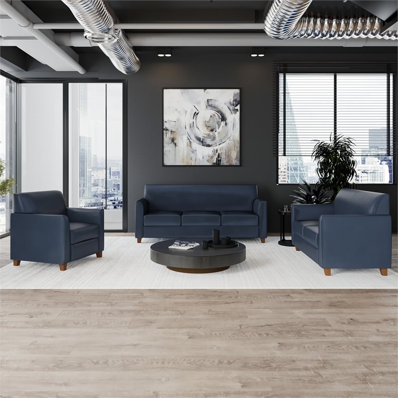 Pemberly Row 3 Piece Sofa Set with Clean Line Stitched Frame in Navy