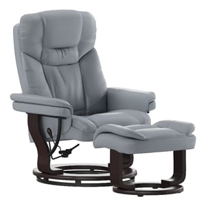 Pemberly Row Multi-Position Recliner & Curved Ottoman with Mahogany Base in Gray