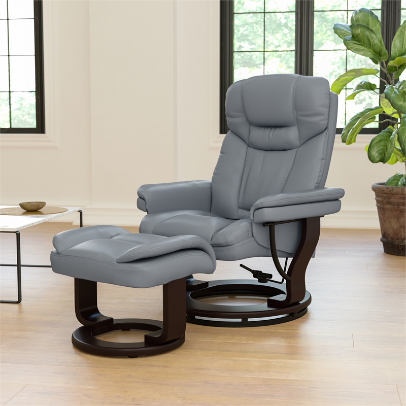 Pemberly Row Multi-Position Recliner & Curved Ottoman with Mahogany Base in Gray