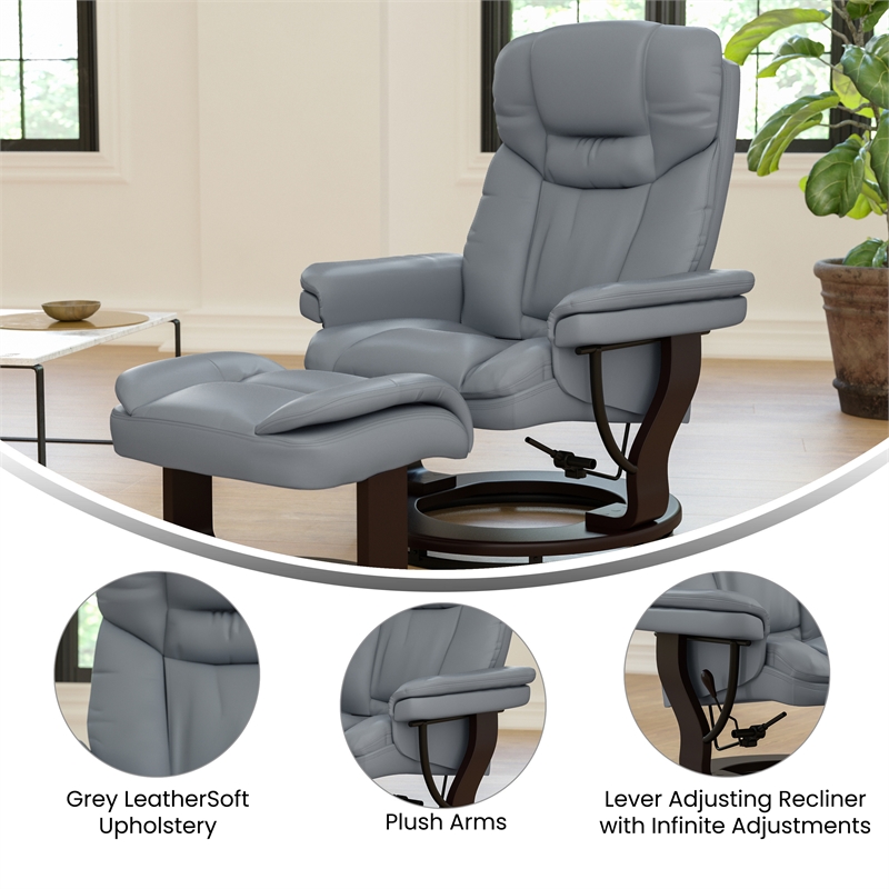 Pemberly Row Multi-Position Recliner & Curved Ottoman with Mahogany Base in Gray