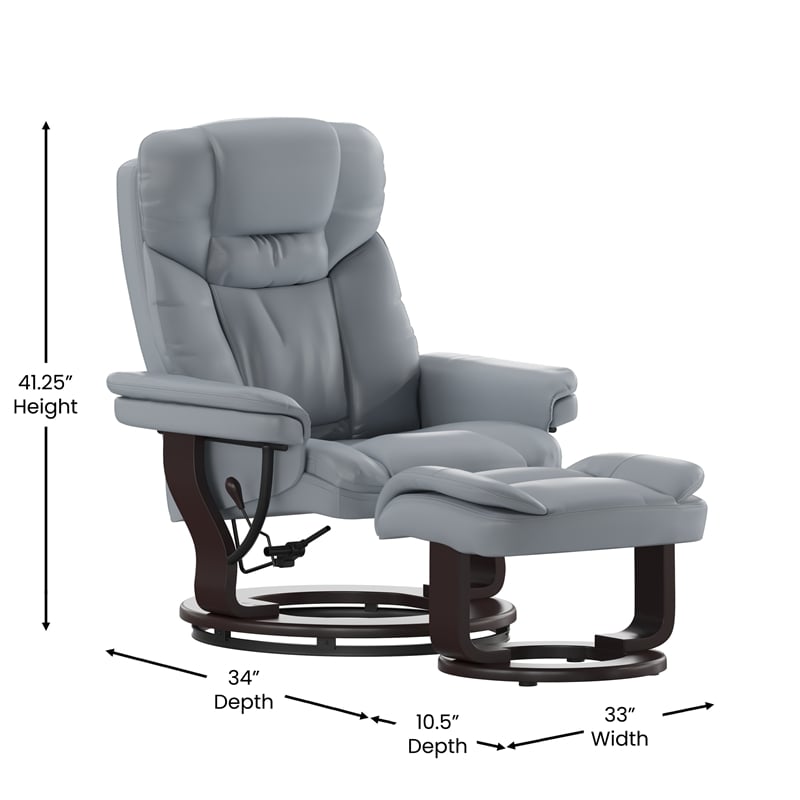 Pemberly Row Multi-Position Recliner & Curved Ottoman with Mahogany Base in Gray