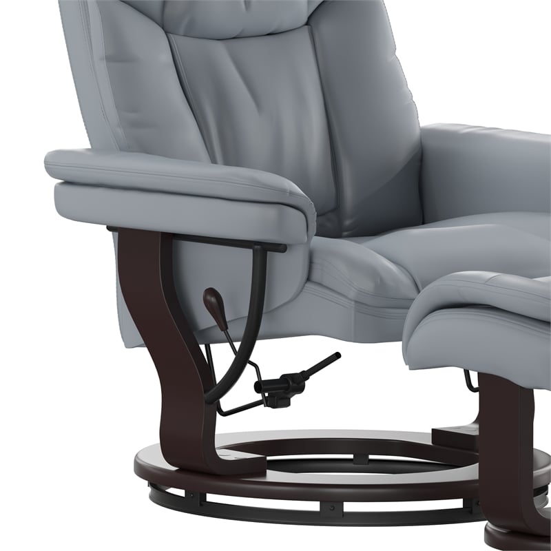 Pemberly Row Multi-Position Recliner & Curved Ottoman with Mahogany Base in Gray