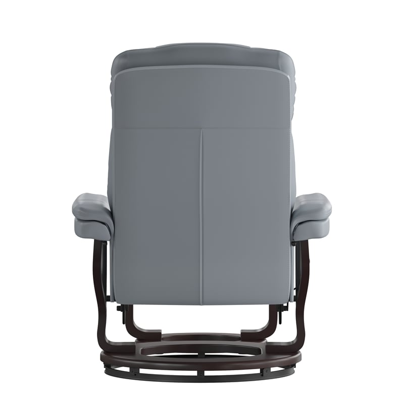 Pemberly Row Multi-Position Recliner & Curved Ottoman with Mahogany Base in Gray