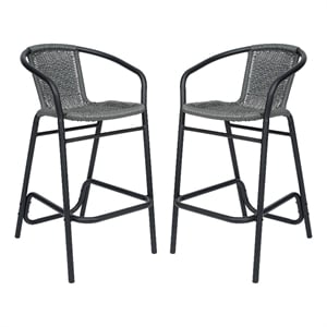Pemberly Row Indoor/Outdoor Rattan Restaurant Barstool in Gray/Black Set of 2