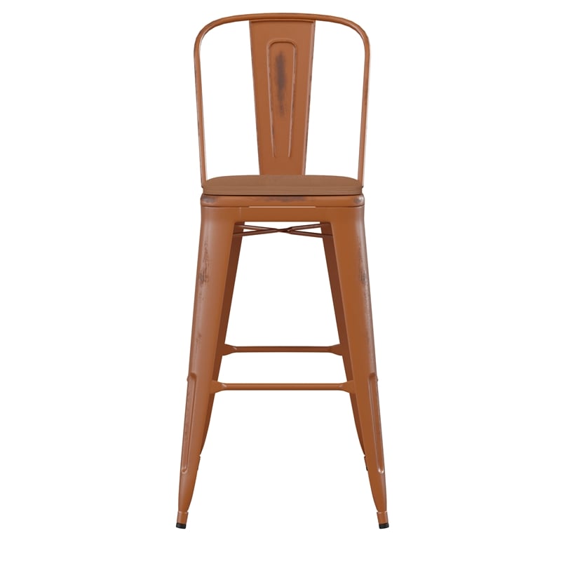 Pemberly Row All-Weather Bar Height Stool with Poly Resin Seat in Orange/Teak