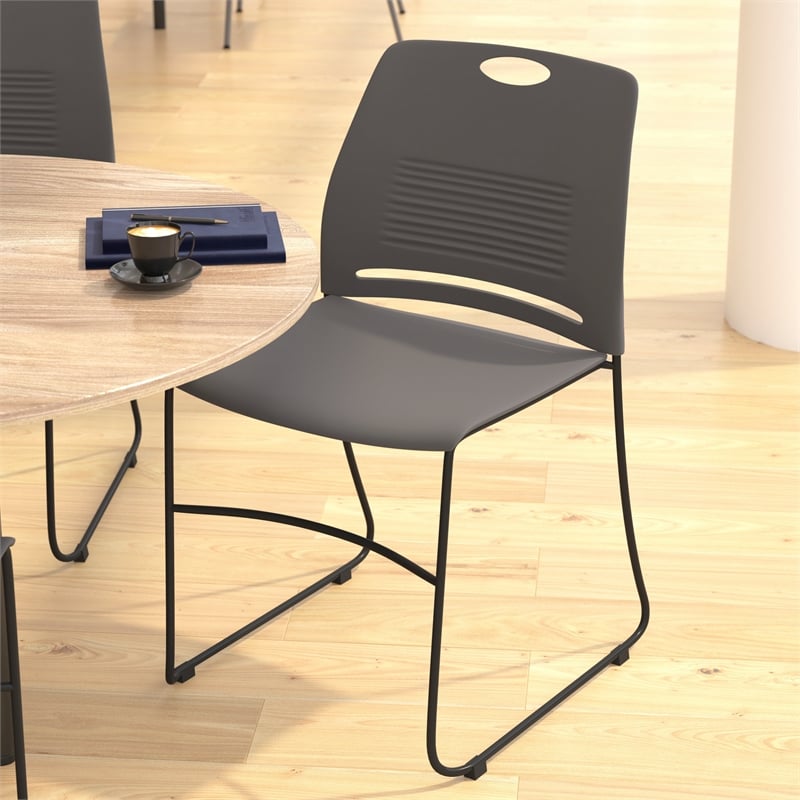 Pemberly Row 660 LB. Capacity Plastic Stack Chair with Steel Sled Base in Gray