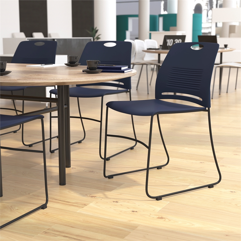Pemberly Row 660 LB. Capacity Plastic Stack Chair with Steel Sled Base in Navy