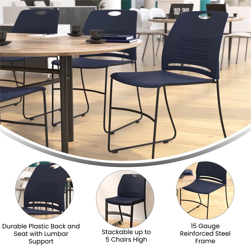 Pemberly Row 660 LB. Capacity Plastic Stack Chair with Steel Sled Base in Navy