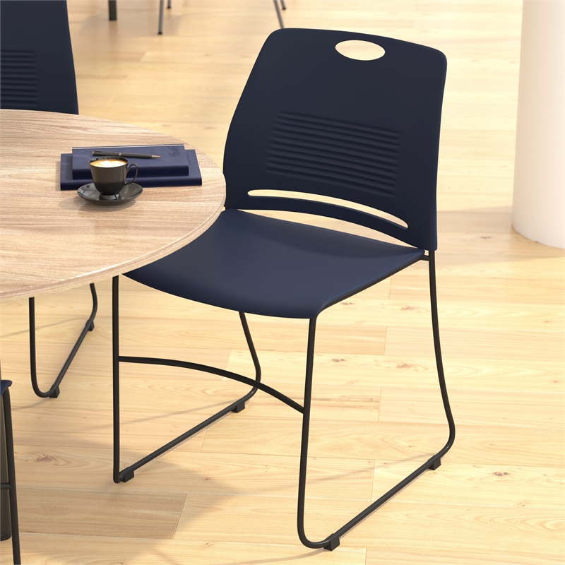 Pemberly Row 660 LB. Capacity Plastic Stack Chair with Steel Sled Base in Navy