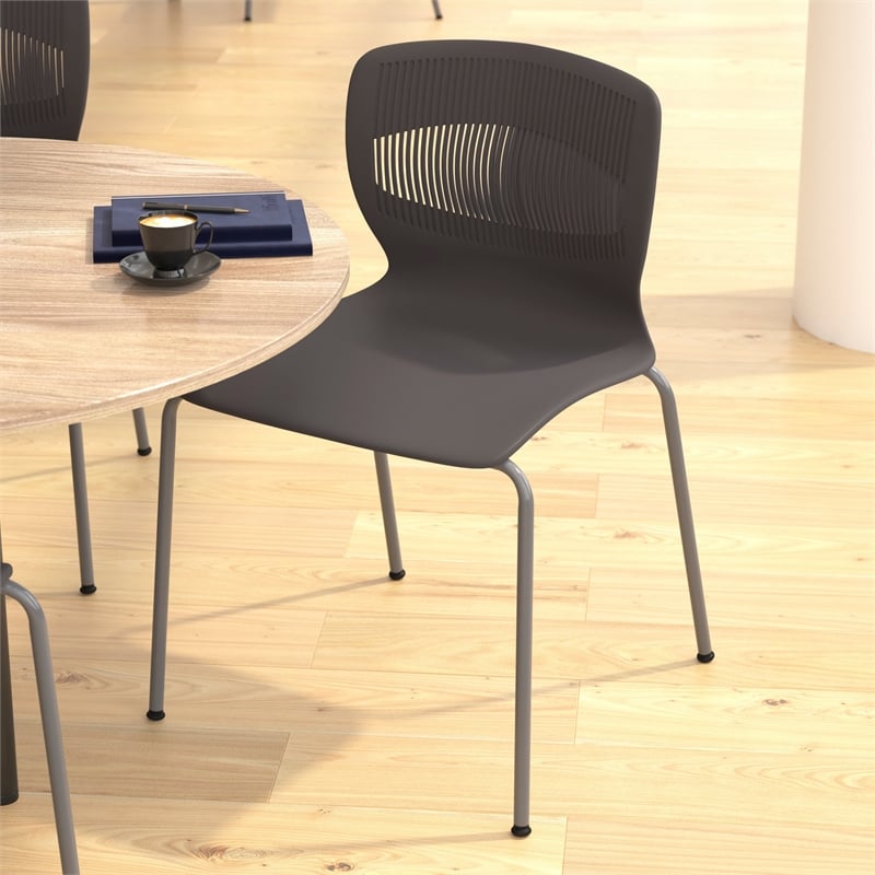 Pemberly Row 770 LB. Capacity Plastic Stack Chair with Lumbar Support in Gray