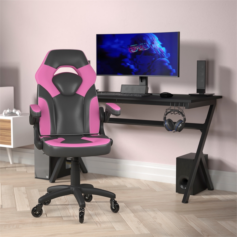 Pemberly Row Office Gaming Chair with Skater Wheels and Flip Up Arms in Pink