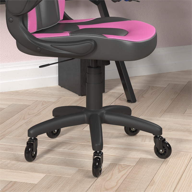 Pemberly Row Office Gaming Chair with Skater Wheels and Flip Up Arms in Pink