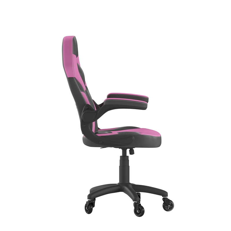 Pemberly Row Office Gaming Chair with Skater Wheels and Flip Up Arms in Pink