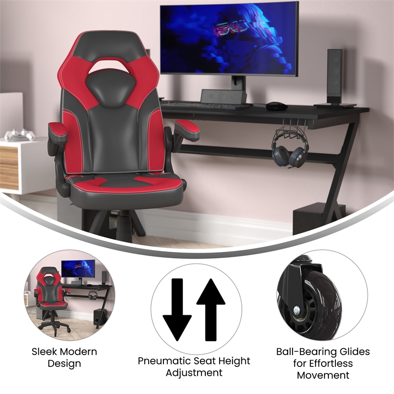 Pemberly Row Office Gaming Chair with Skater Wheels and Flip Up Arms in Red