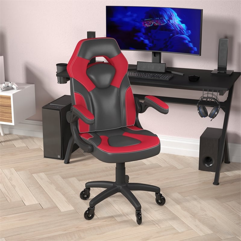 Pemberly Row Office Gaming Chair with Skater Wheels and Flip Up Arms in Red