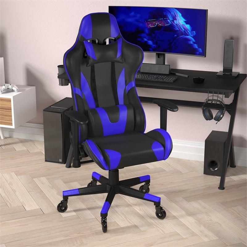 Pemberly Row Office Gaming Chair with Roller Wheels and Reclining Back in Blue