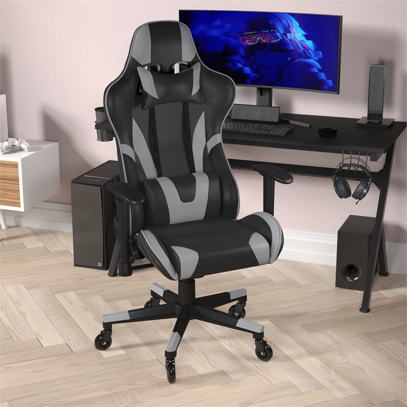 Pemberly Row Office Gaming Chair with Roller Wheels and Reclining Back in Gray