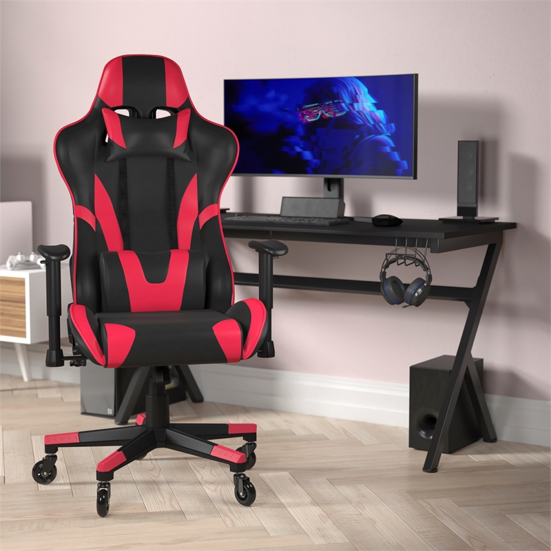 Pemberly Row Office Gaming Chair with Roller Wheels and Reclining Back in Red