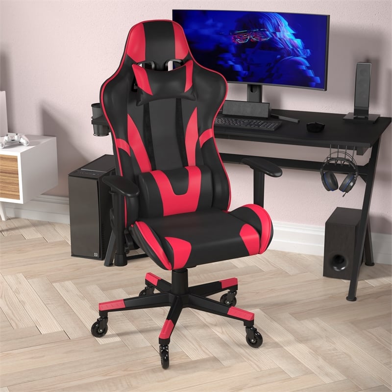 Pemberly Row Office Gaming Chair with Roller Wheels and Reclining Back in Red