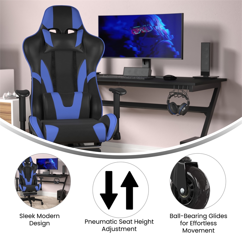 Pemberly Row Gaming Chair with Roller Wheels Reclining Arms and Footrest in Blue