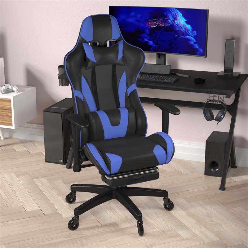 Pemberly Row Gaming Chair with Roller Wheels Reclining Arms and Footrest in Blue