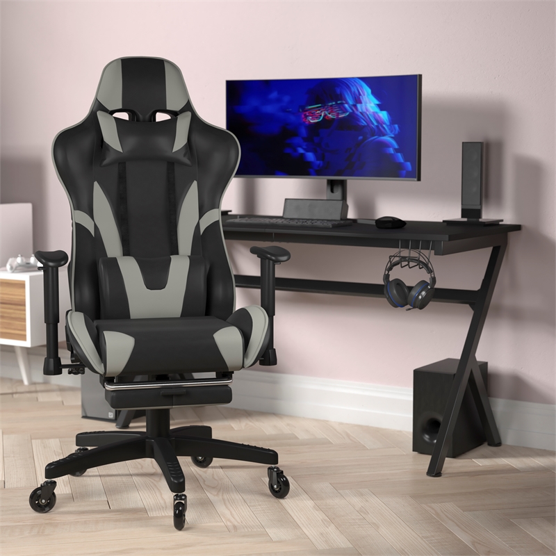 Pemberly Row Gaming Chair with Roller Wheels Reclining Arms and Footrest in Gray