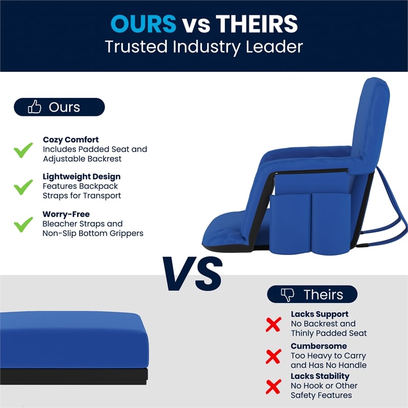 Pemberly Row Backpack Reclining Padded Stadium Chair with Armrests in Blue