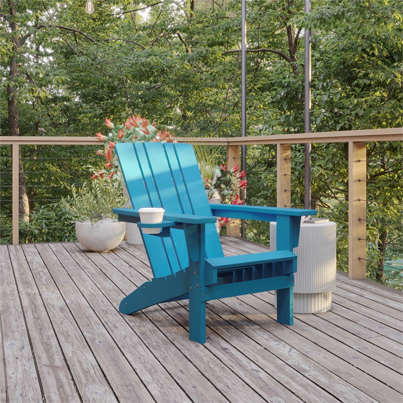 Pemberly Row All-Weather Adirondack Chair with Swiveling Cupholder in Blue