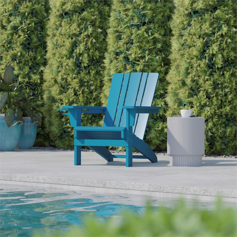 Pemberly Row All-Weather Adirondack Chair with Swiveling Cupholder in Blue