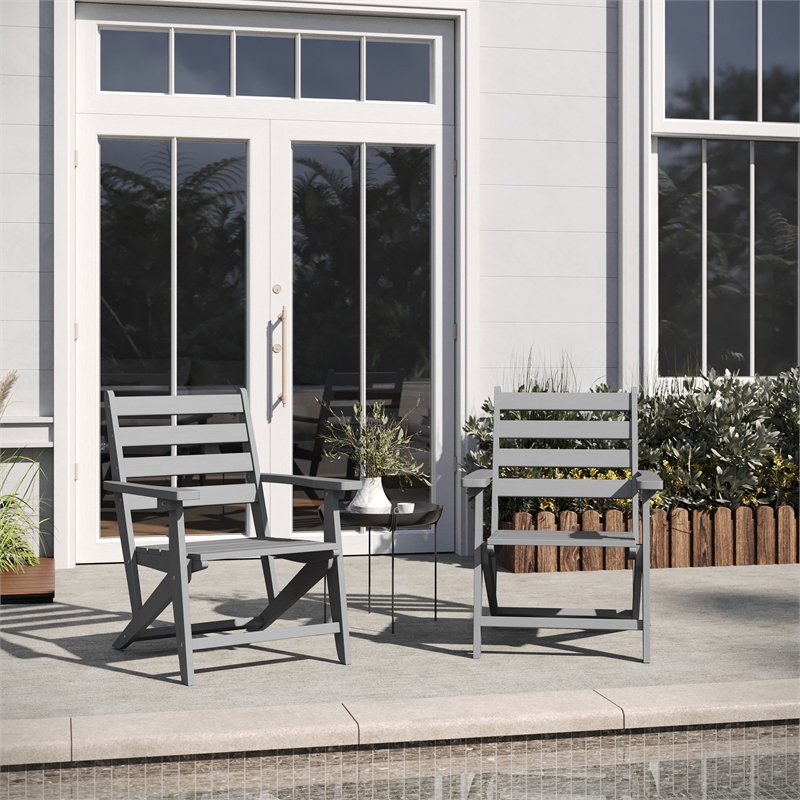 Pemberly Row All-Weather Adirondack Dining Chair with Fold Out Cupholder in Gray