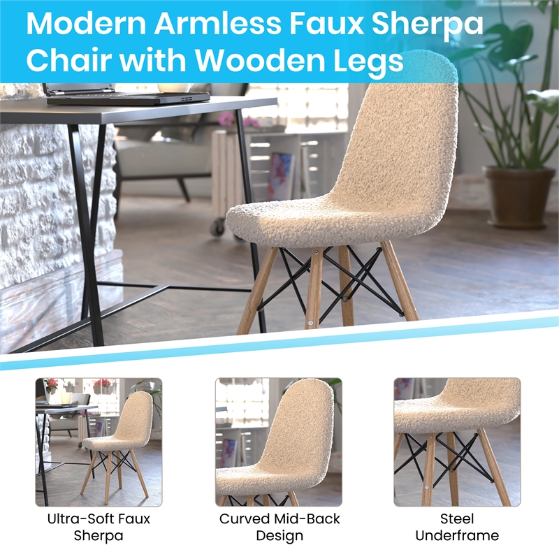 Pemberly Row Armless Faux Shearling Accent Chair with Wood Legs in Off White