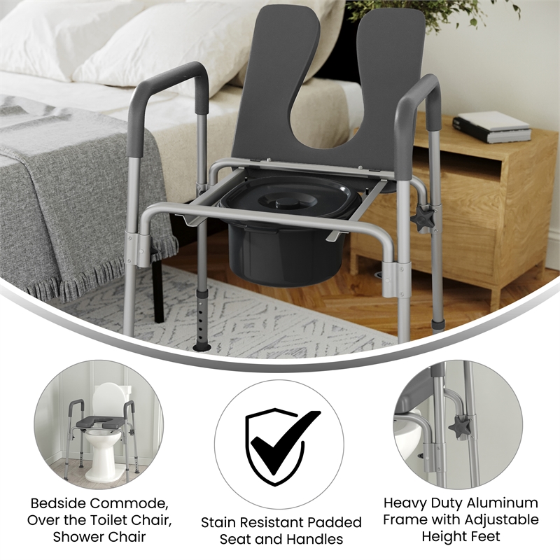 Pemberly Row Height Adjustable Heavy Duty Commode and Shower Chair in Gray