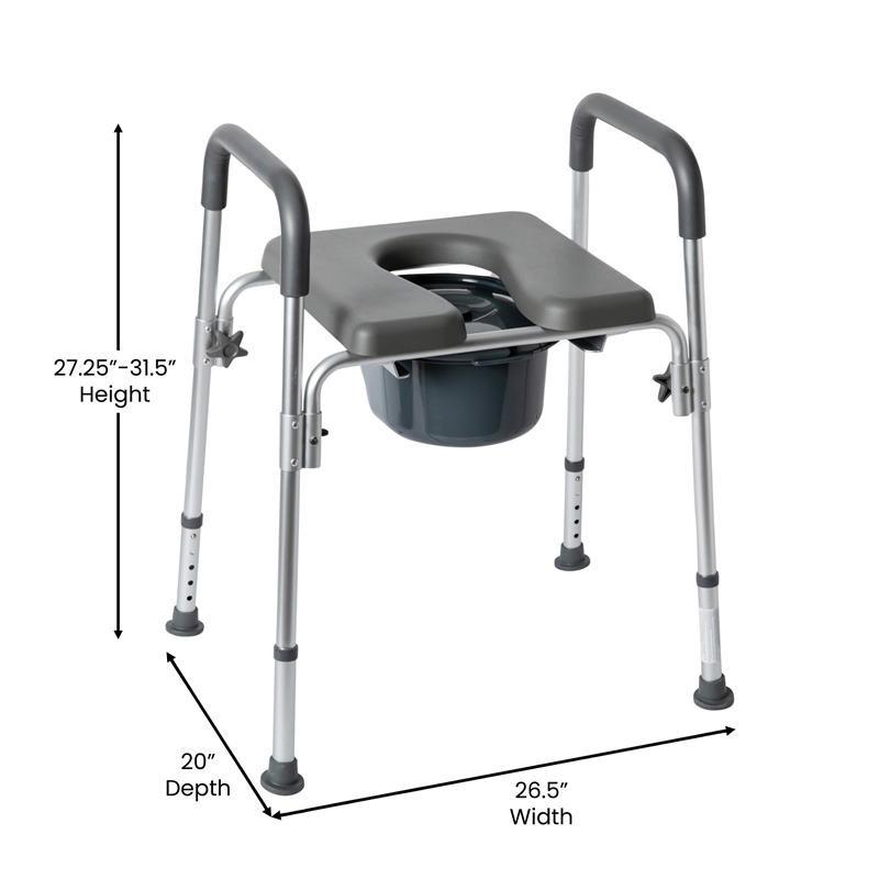 Pemberly Row Height Adjustable Heavy Duty Commode and Shower Chair in Gray