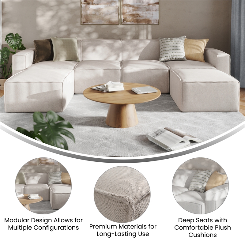 Pemberly Row 6 Piece Modular Sectional Sofa with 2 Ottomans in Cream