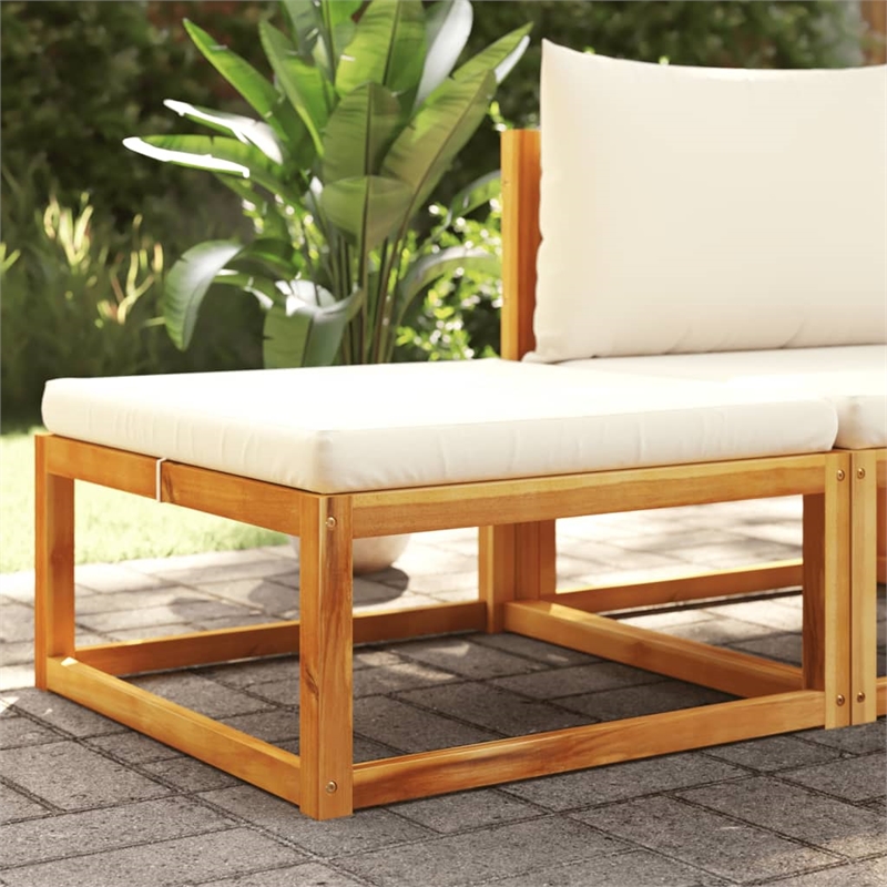 Pemberly Row Solid Acacia Wood Garden Footstool with Removable Covers in Cream