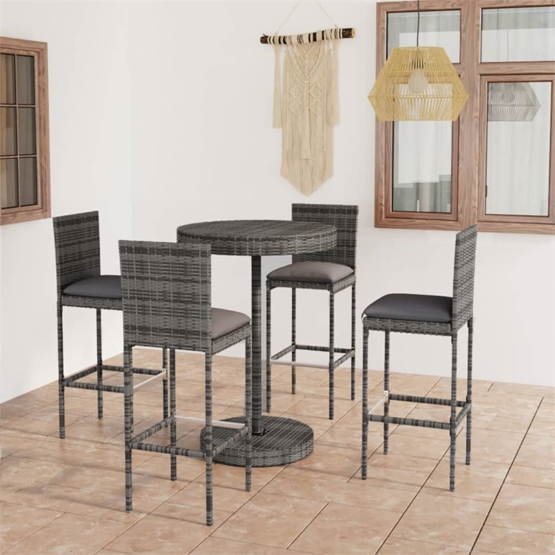Pemberly Row 5 Piece Poly Rattan Small Outdoor Patio Bar Set in Gray