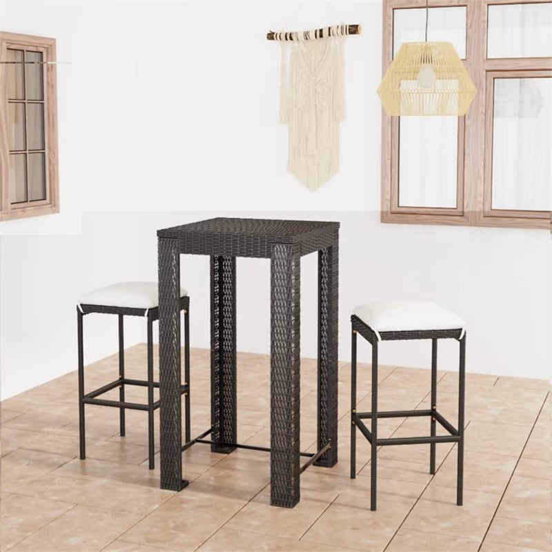 Pemberly Row 3 Piece Outdoor Patio Bar Set with Cushions in Black