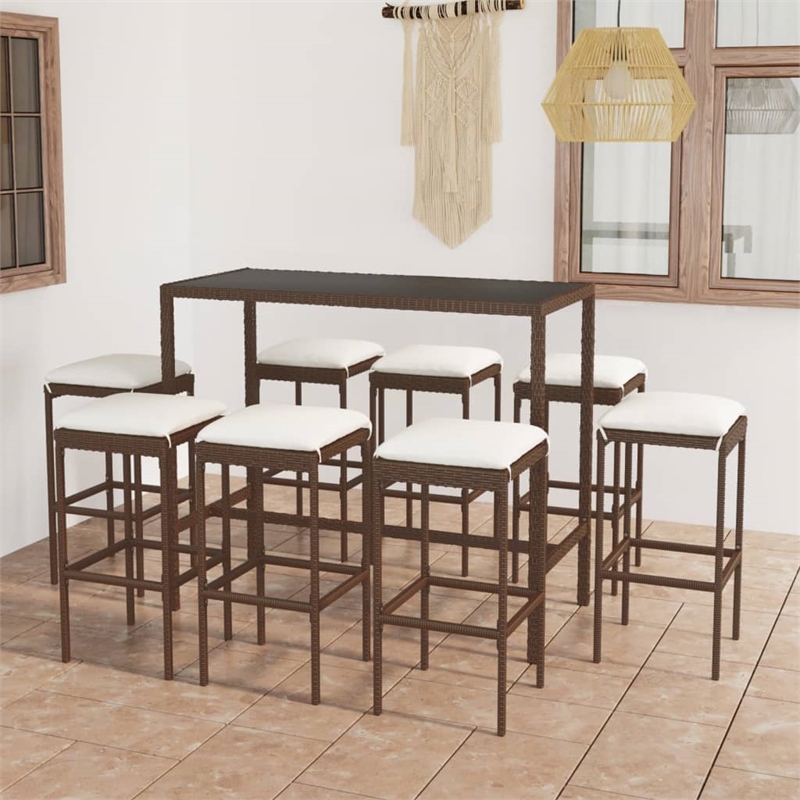 Pemberly Row 9 Piece Steel Outdoor Patio Bar Set with Cushions in Brown
