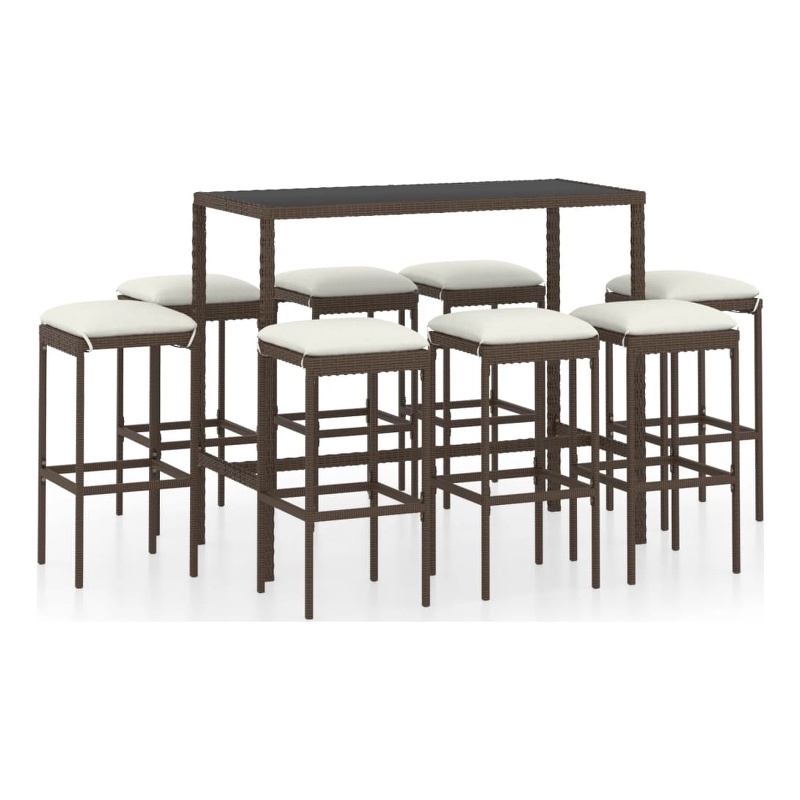 Pemberly Row 9 Piece Steel Outdoor Patio Bar Set with Cushions in Brown