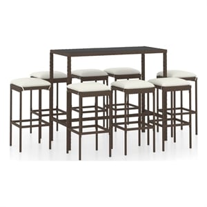 Pemberly Row 9 Piece Steel Outdoor Patio Bar Set with Cushions in Brown