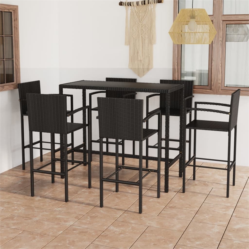 Pemberly Row 7 Piece Steel Outdoor Patio Bar Set with Cushions in Black