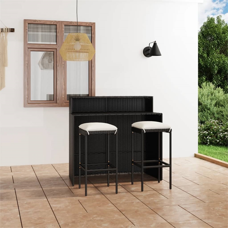 Pemberly Row Steel Medium Outdoor Patio Bar Set with Cushions in Black