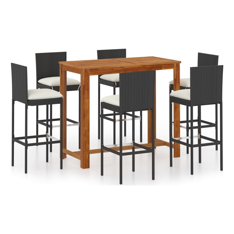Pemberly Row Solid Acacia Wood Outdoor Patio Bar Set in Black/Brown/Cream