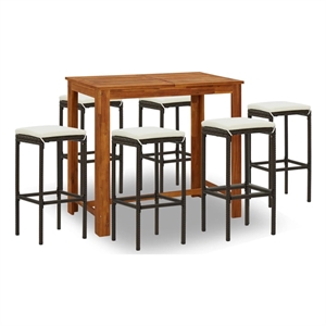 Pemberly Row 7 Piece Solid Acacia Wood Outdoor Patio Bar Set in Brown