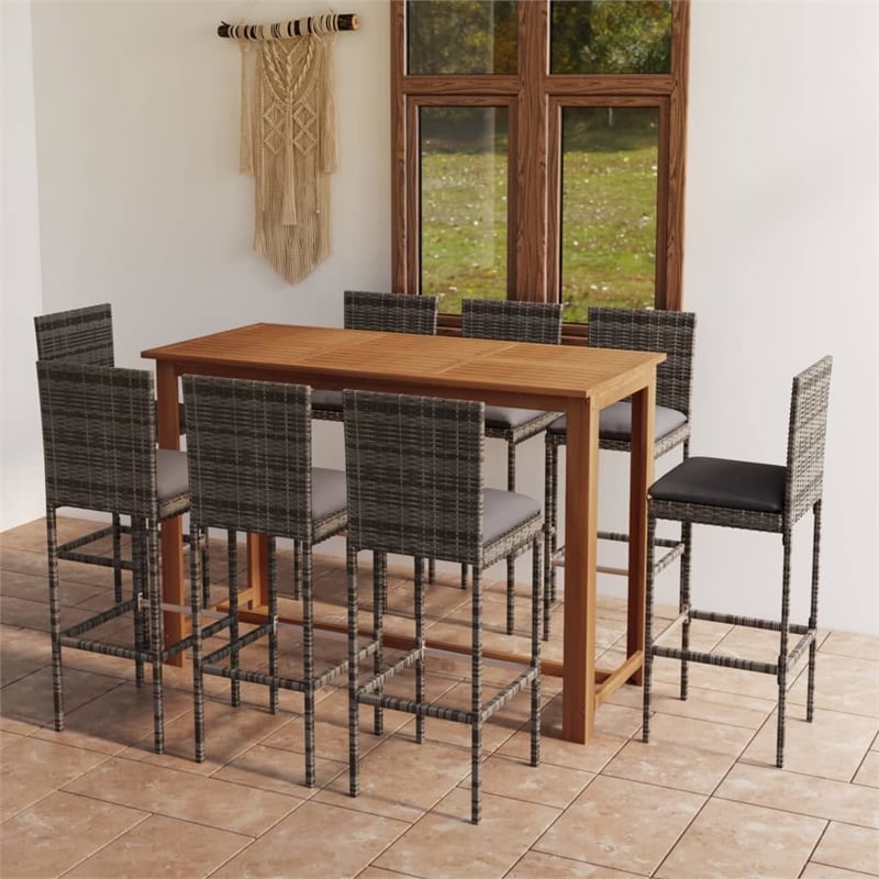 Pemberly Row 9 Piece Solid Acacia Wood Bar Set in Gray/Anthracite